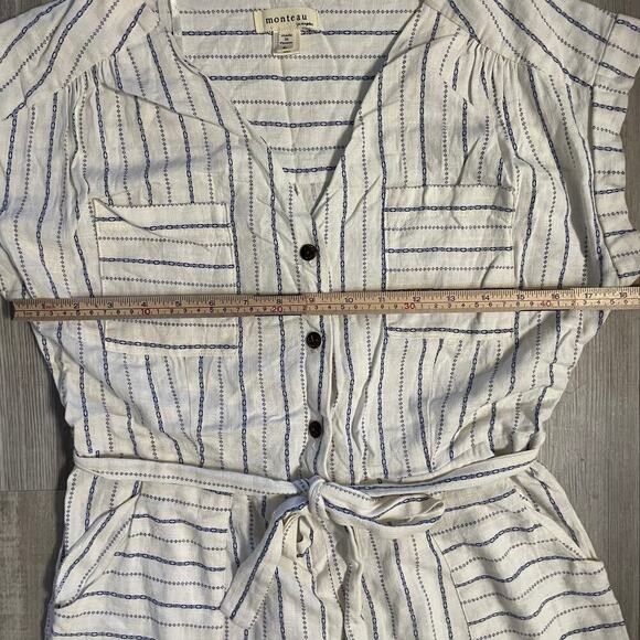 Monteau Los Angeles Blue Striped Linen Blend Casual Jumpsuit Sz L Belt, Pockets - Picture 4 of 12
